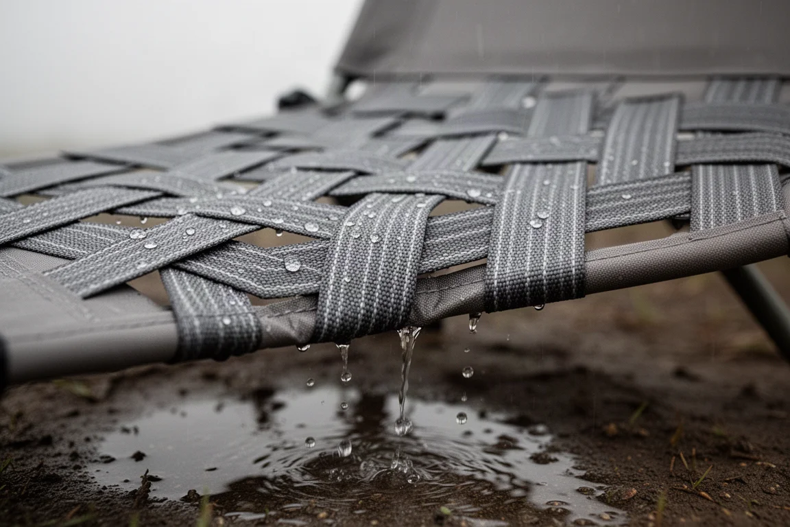 Close-up of breathable mesh camp chair seat with water droplets draining through