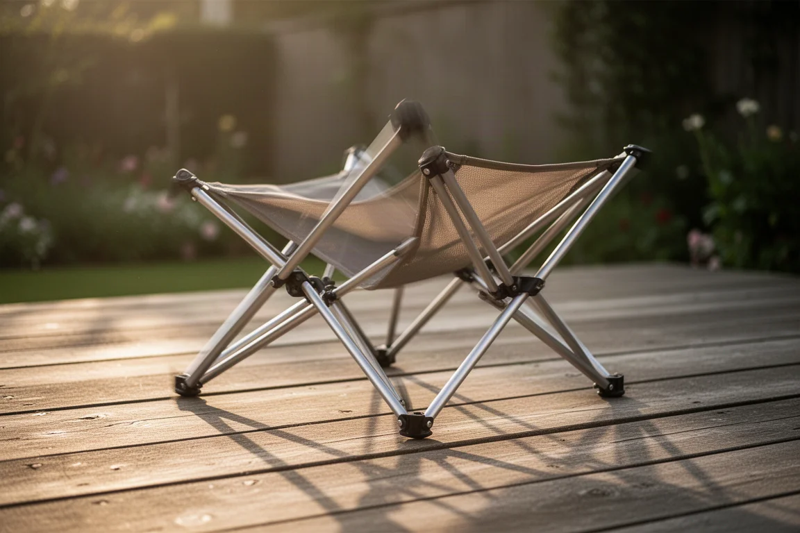 Camp chair frame unfolding quickly on a wooden deck at golden hour