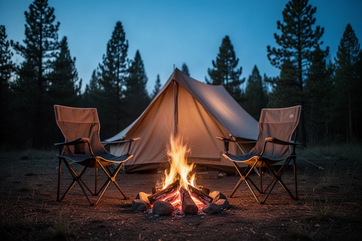 Campers relaxing in folding chairs around a campfire at dusk