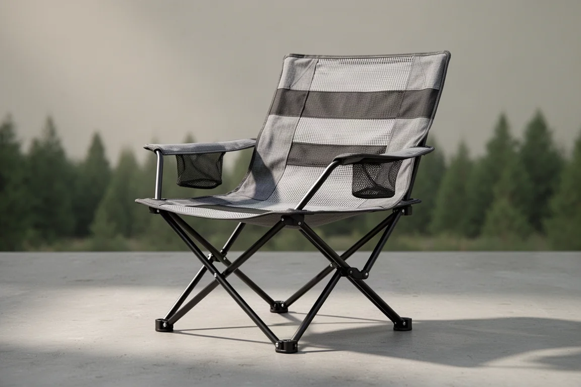 Folding camp chair with black steel frame and large mesh seat on concrete outdoors