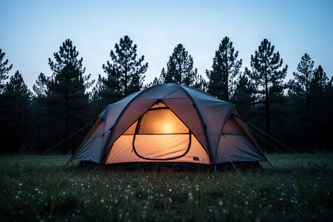 Gran tienda tipo cúpula iluminada con luz interior cálida en un camping al atardecer