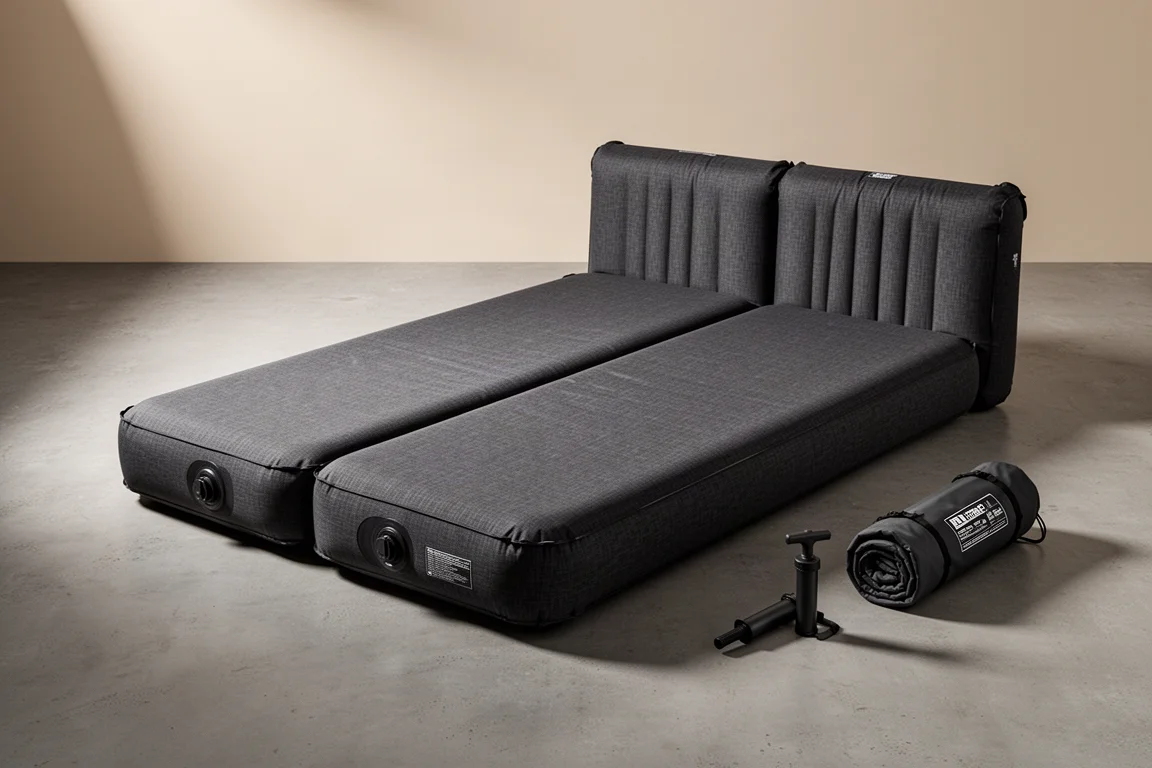 Wide self-inflating two-person camping mattress with hand pump and carry bag on concrete