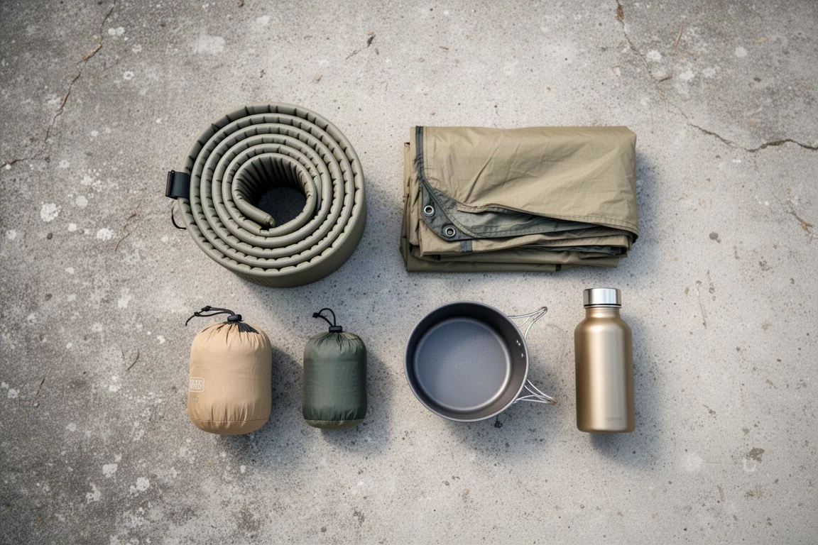Draufsicht auf Trekking-Essentials, auf verwittertem grauem Beton arrangiert