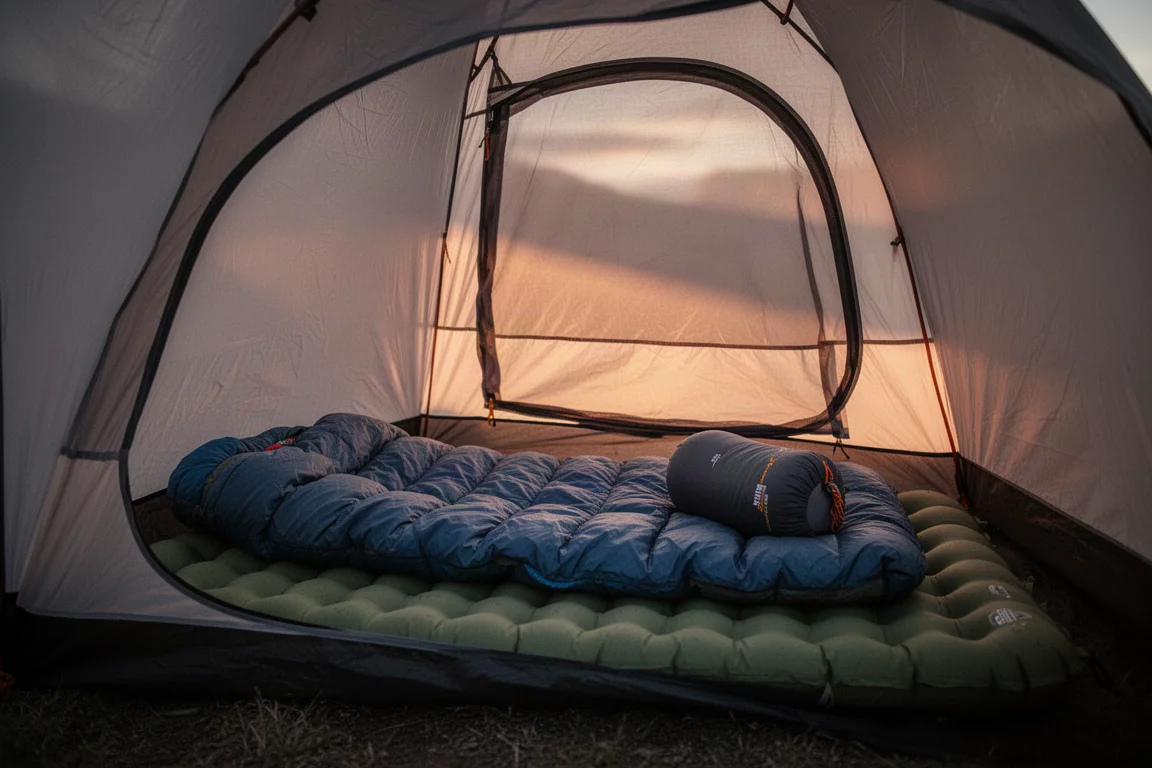 Quilt und Isomatte in einem leichten Trekkingzelt in der Dämmerung ausgelegt