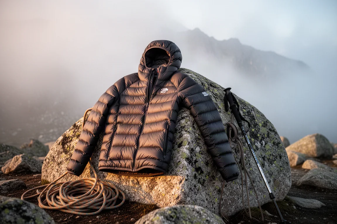 Daunenjacke mit Kapuze über einem Granitfindling in einem nebligen Berglager