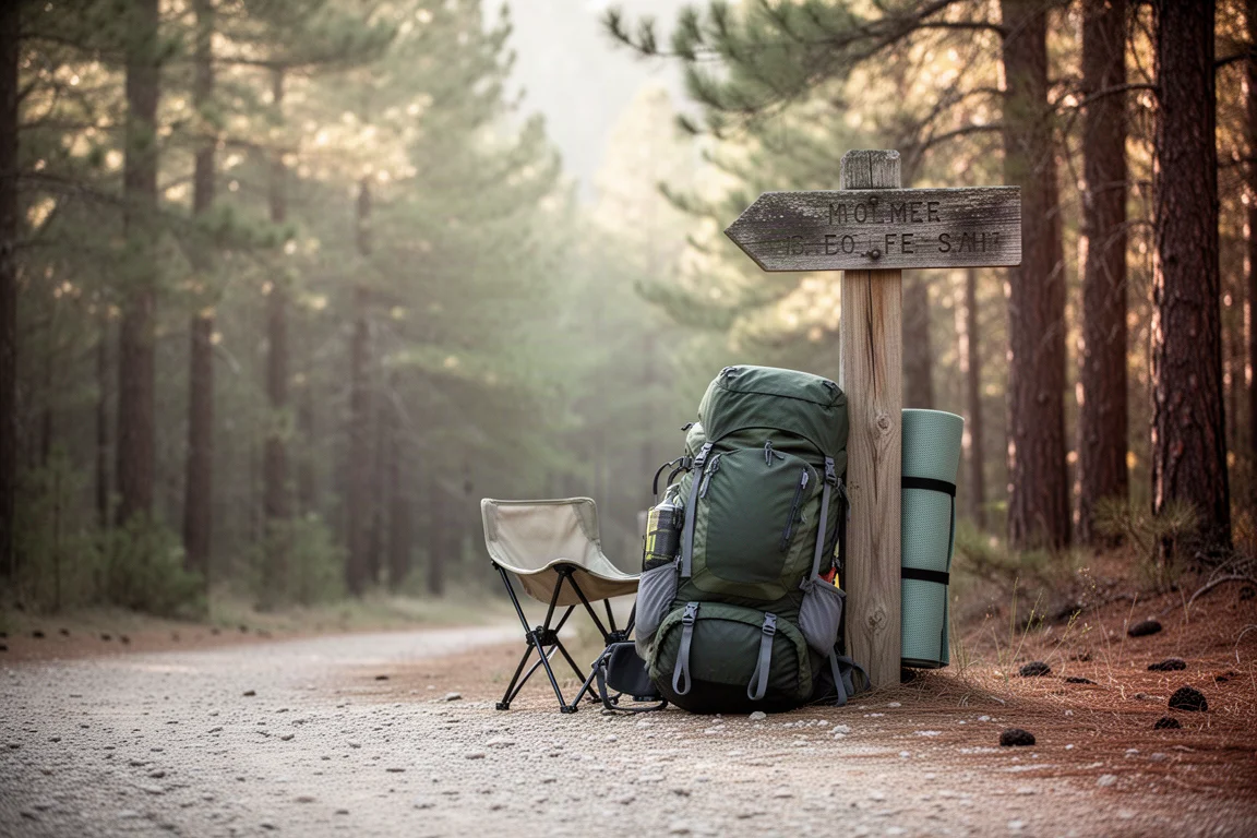 Beladener Trekkingrucksack lehnt an einem Wegweiser in einem Kiefernwald