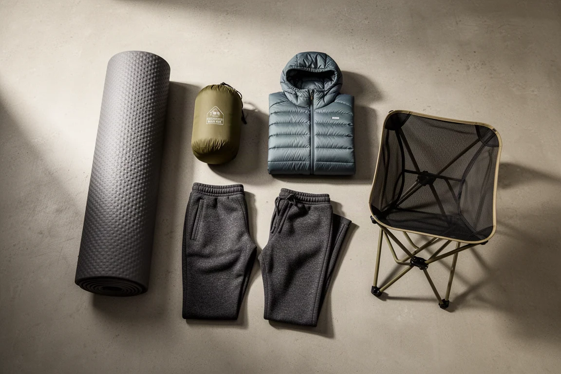 Backpackuitrusting met een slaapmat, ingepakte tent, donshoodie, joggers en campingstoel op beton