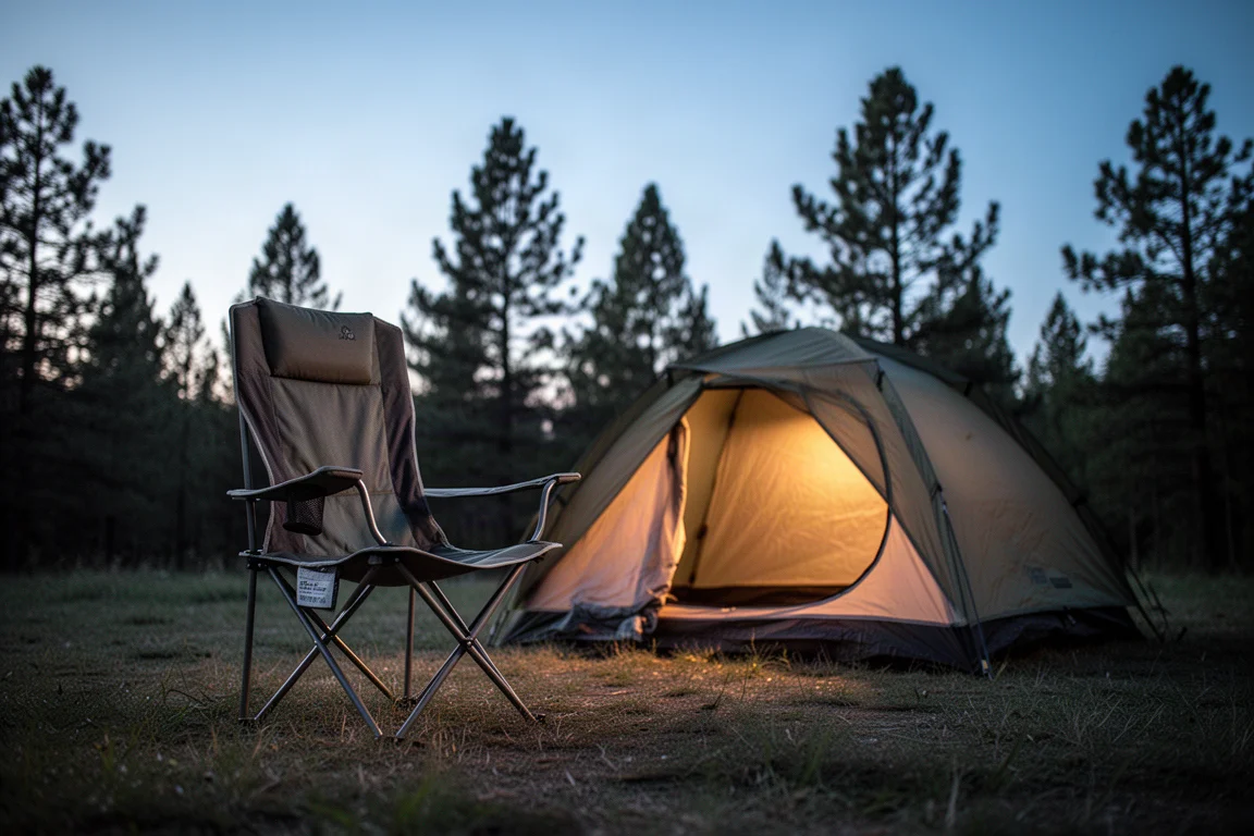 High-back folding camp chair set beside a small tent at dusk on a grassy campsite