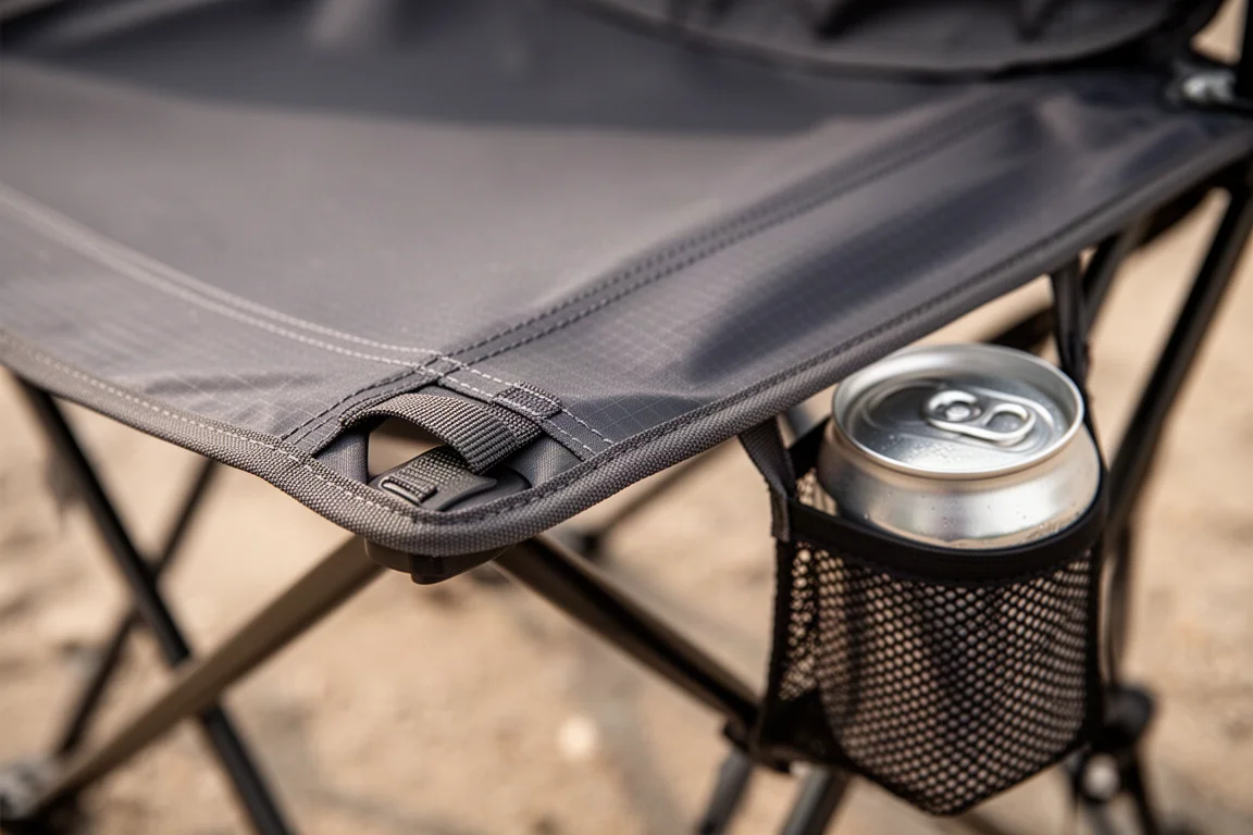 Close-up of camp chair seat fabric with webbing loop and mesh pocket holding a can