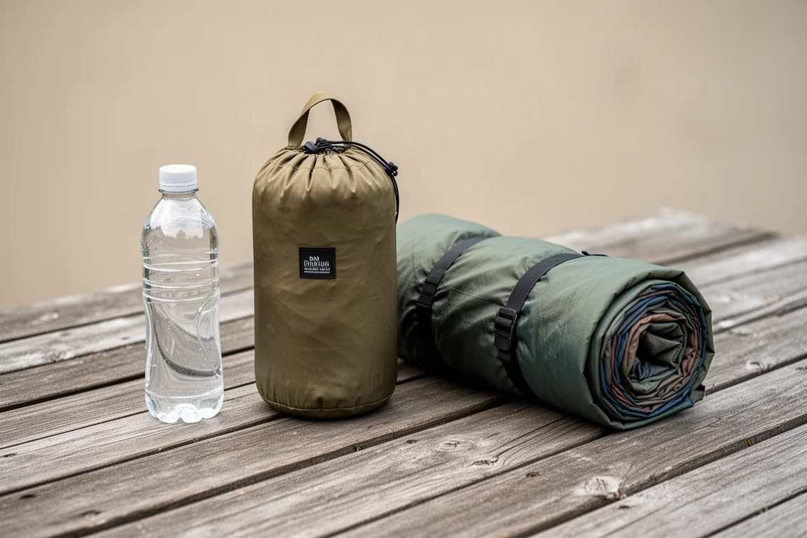 Packed camp chair carry bag on wooden decking beside a water bottle and rolled tent