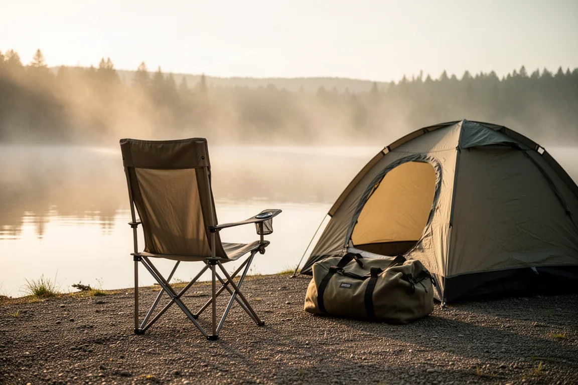Tall-backed camp chair facing a misty lake at a morning campsite