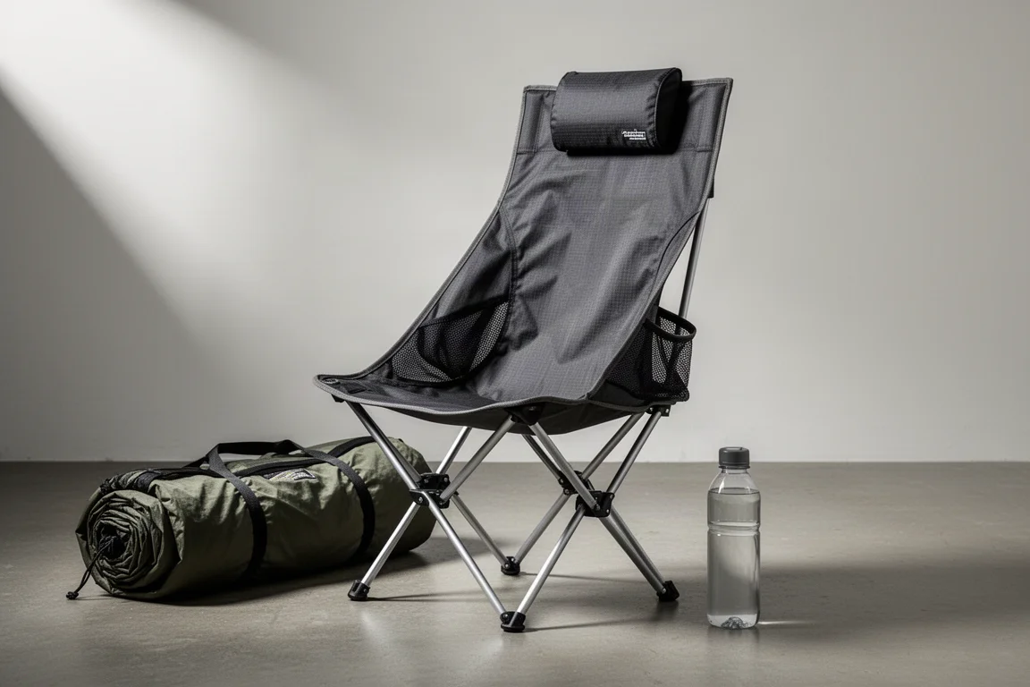 High-back folding camping chair with headrest on a neutral concrete surface