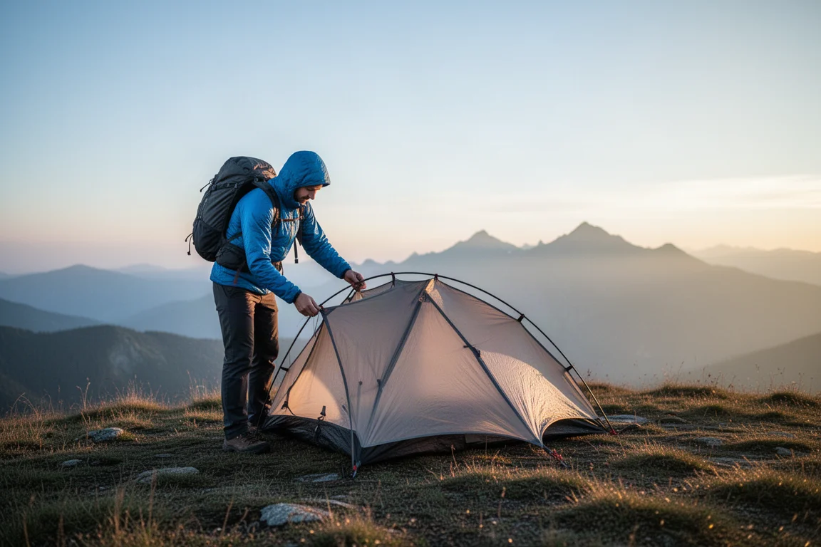 Backpacker som reser ett ultralätt tält på en bergskam i gryningen