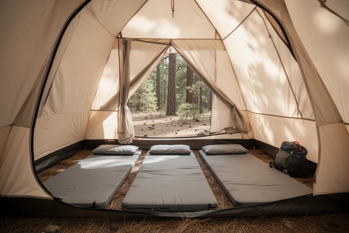 Interiör av tält för tre personer med liggunderlag på en skogs campingplats