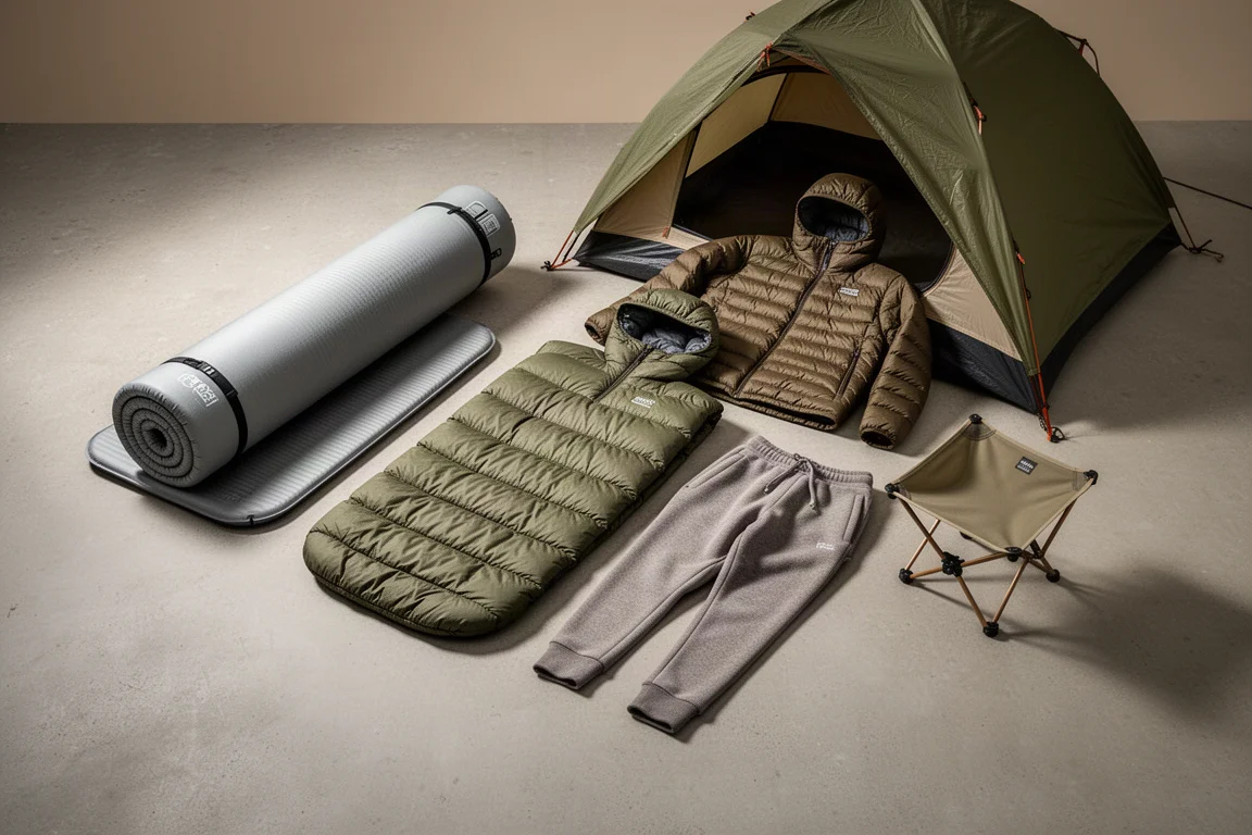 REI Co-op camping gear flat-lay with sleeping pad, tent, quilt, hoodie, joggers, and chair