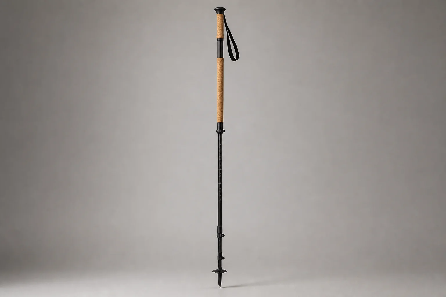 Five trekking poles and one hiking staff arranged on neutral backdrop