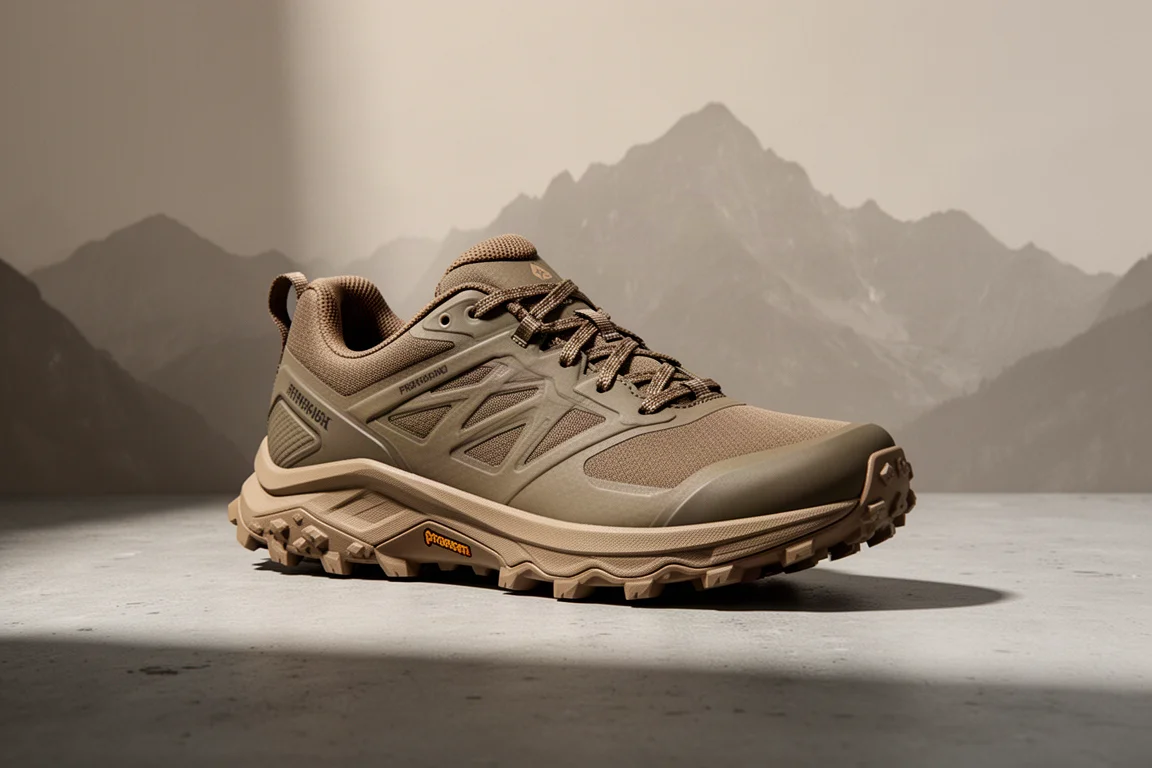 Multifunktionaler Traillaufschuh mit grobstolliger Sohle auf matter Betonoberfläche