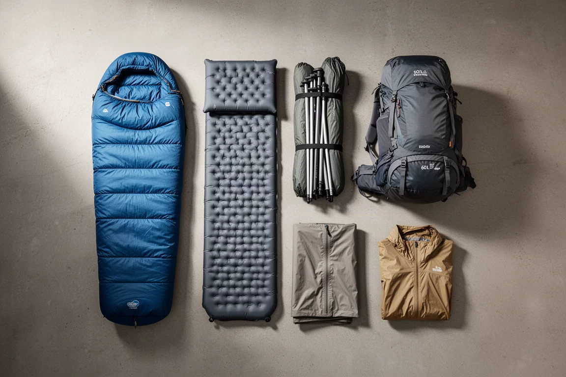 Budget backpacking gear flat-lay with sleeping bag, pad, tent, and 60L pack