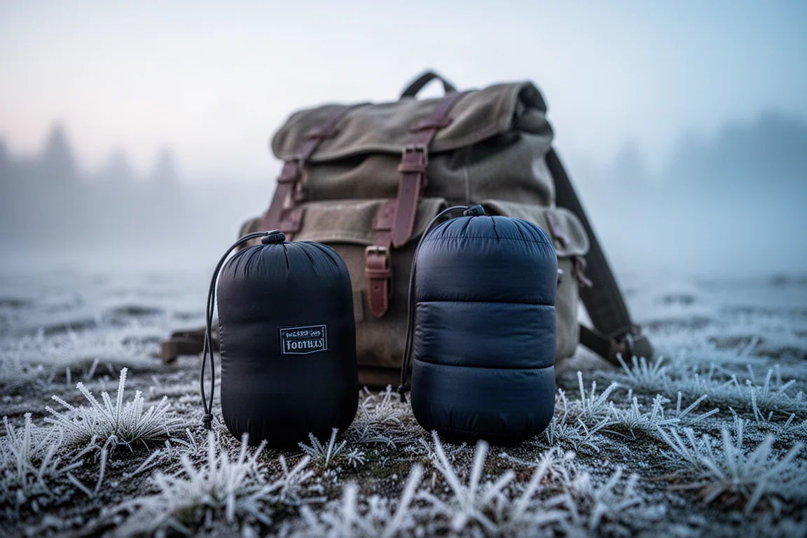 Nahaufnahme der Steppnähte einer Daunenjacke mit Frost auf dem Stoff