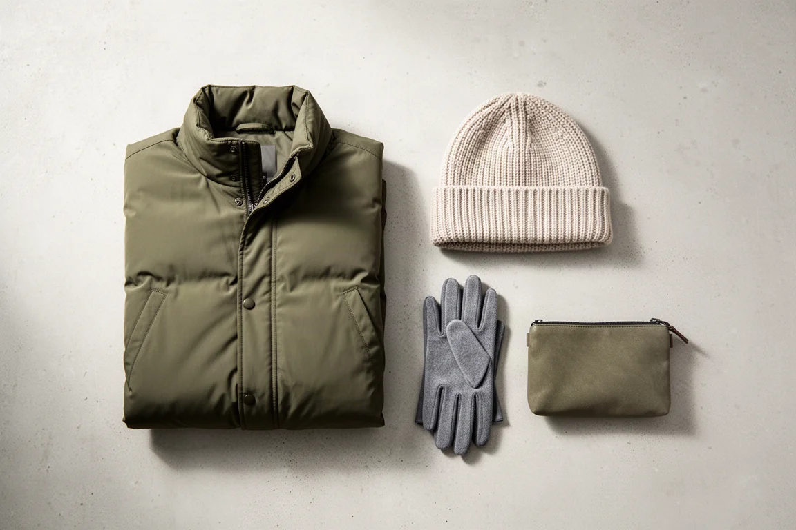 Daunenjacke mit Kapuze flach auf hellem Holz ausgelegt, zeigt Silhouette und Proportionen