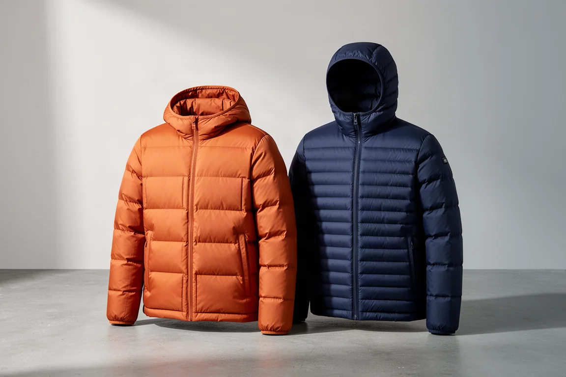 Two hooded down jackets, one orange and one navy, side by side on a concrete surface