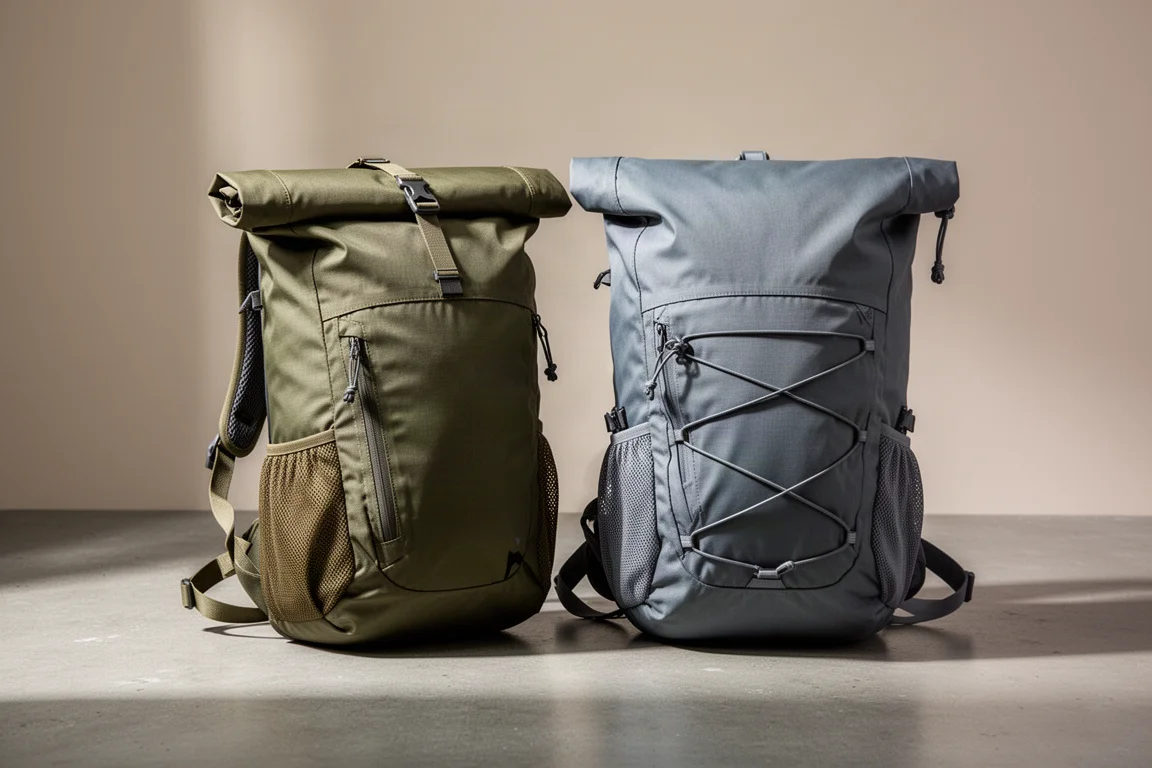 Two lightweight backpacking backpacks side by side on a concrete surface