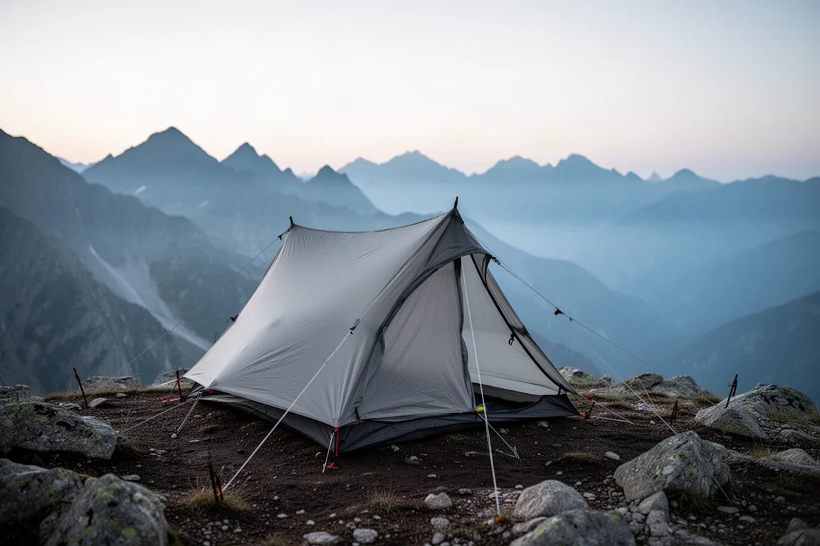 Backpacker pitching a trekking pole tent on an exposed ridge at dawn
