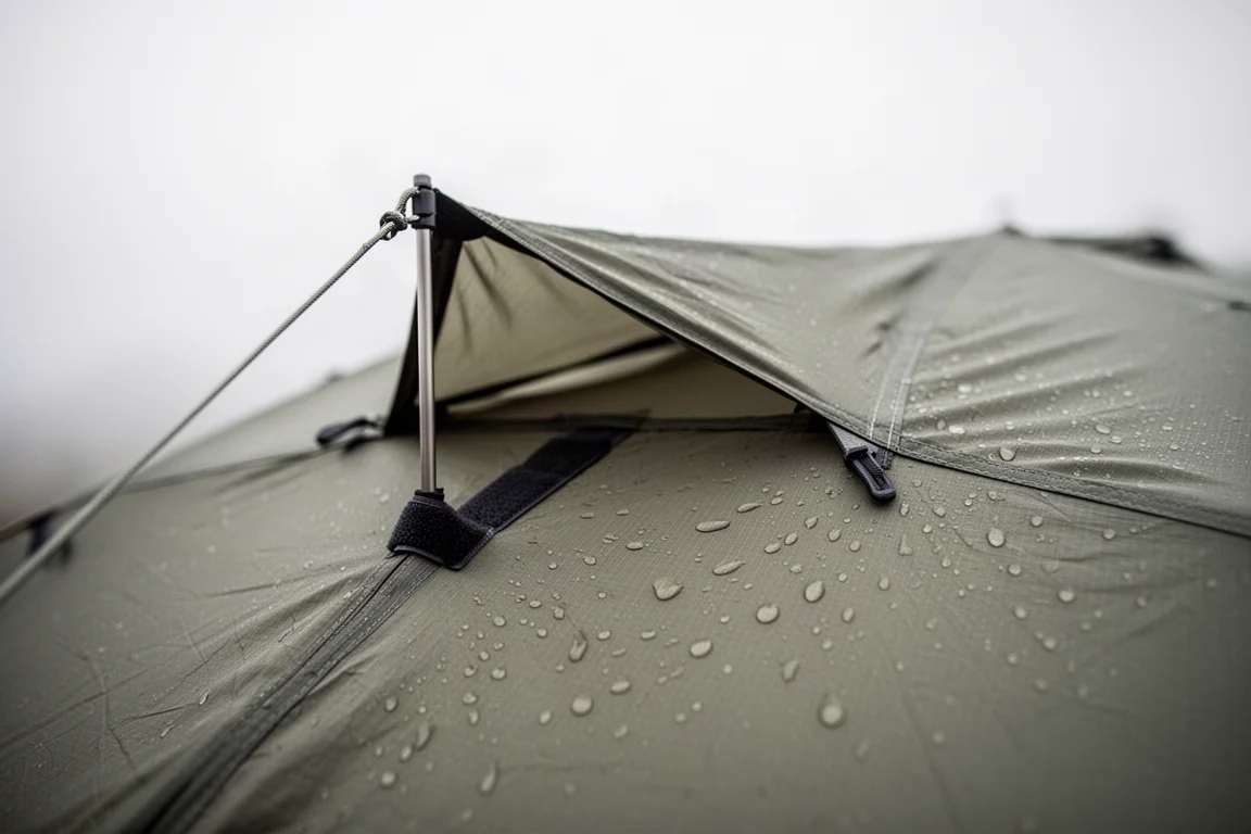 Rain beading on taut tent canopy fabric with guy lines under tension