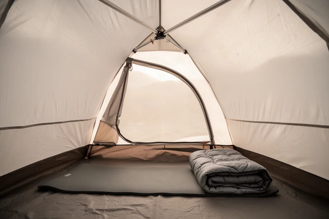 Interior view of a small solo tent with a sleeping pad laid out