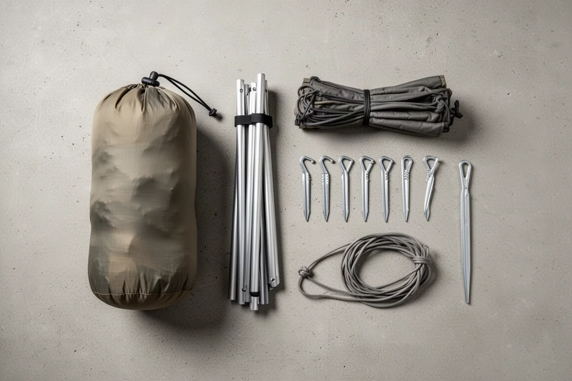 Overhead flat-lay of tent stakes, guy lines, poles and splint on concrete