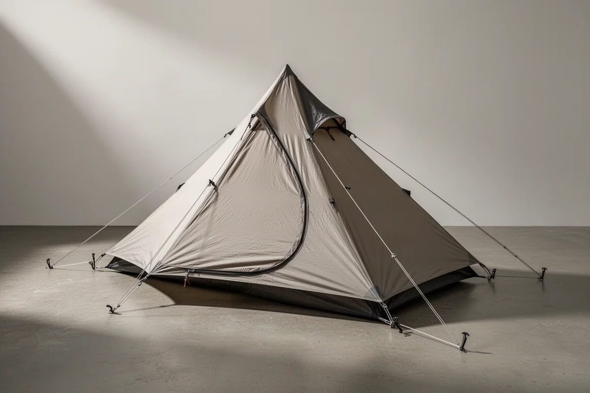Compact grey-green ultralight solo backpacking tent pitched on a concrete surface