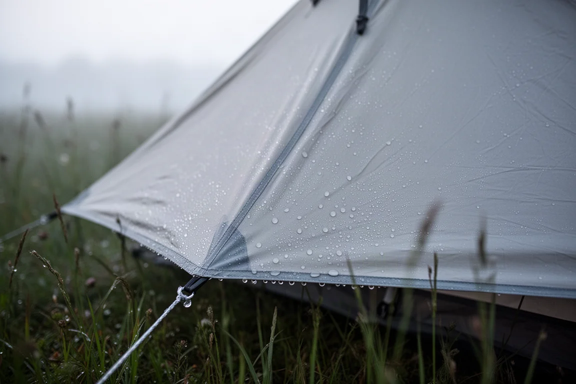 Condensa che si forma sul tessuto di una tenda leggera a parete singola all'alba