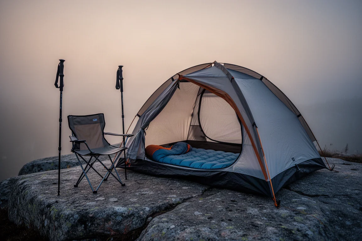 Campeggio in backcountry al crepuscolo con tenda montata, sedia da campeggio e materassino