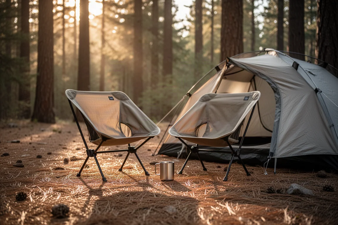 Campingstol uppställd bredvid ett tält i en skogsglänta i gyllene timmen