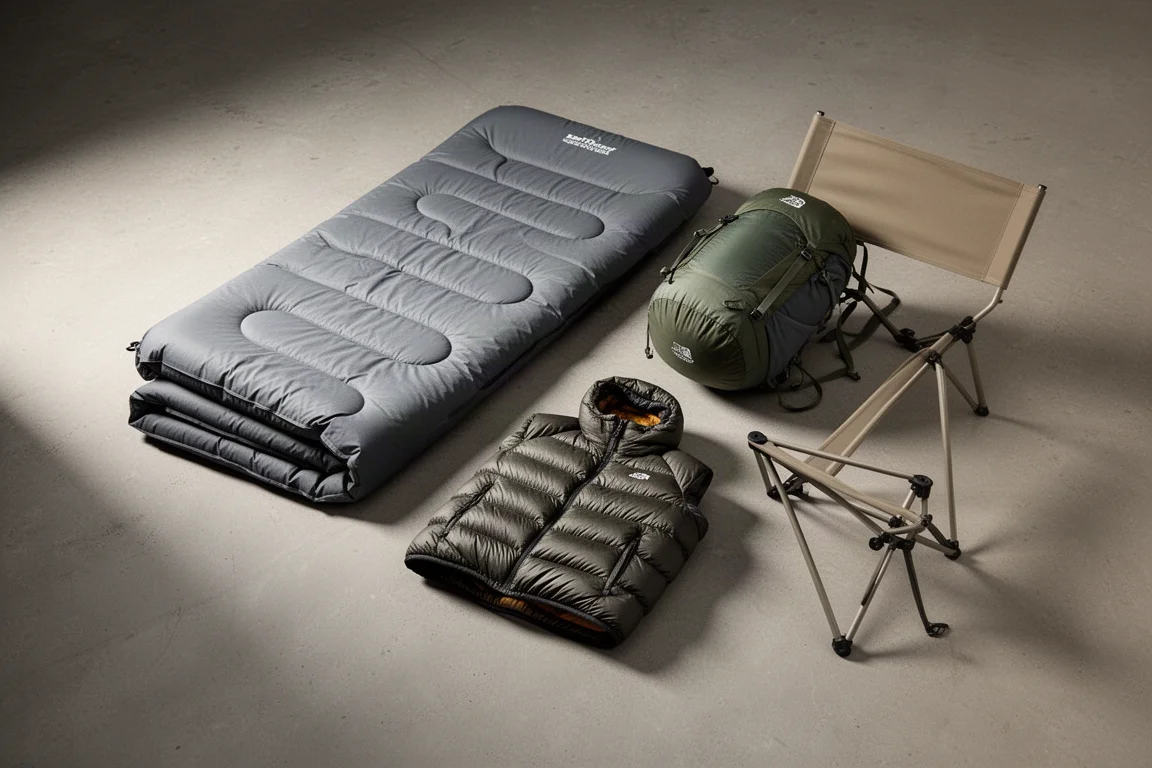 Flatlay von REI-Backpacking-Ausrüstung mit Isomatte, Ultraleicht-Rucksack, Daunenjacke und Campingstuhl