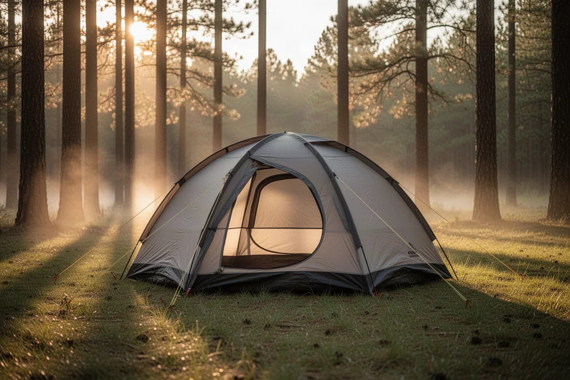 Tenda a cupola per due persone montata in una radura nel bosco durante l'ora d'oro, con la luce che filtra tra gli alberi