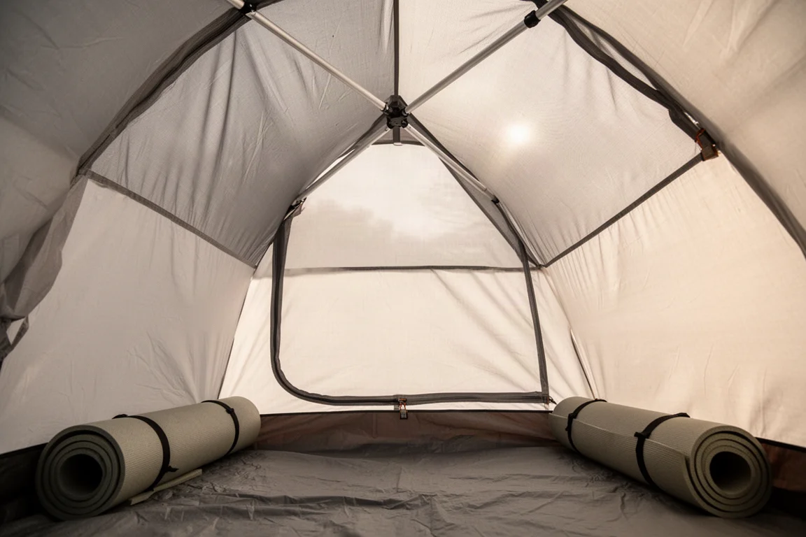 Vista interna di una tenda a cupola con pannello a rete sul soffitto e palo trasversale corto