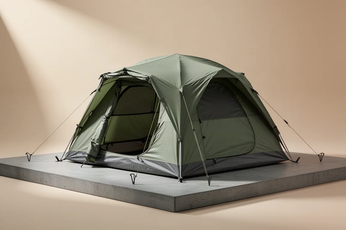 Two-person dome camping tent with full rainfly and guy lines pitched on a concrete surface