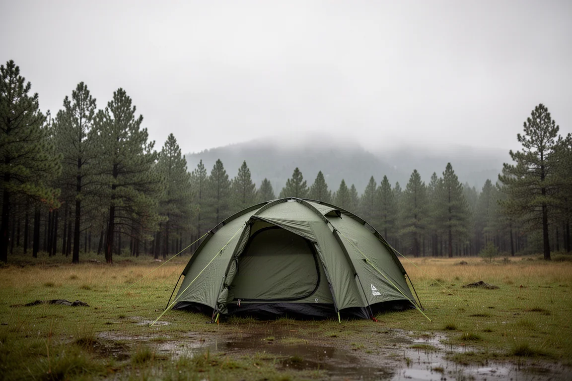 Dome camping tent pitched in a grassy clearing under low grey clouds