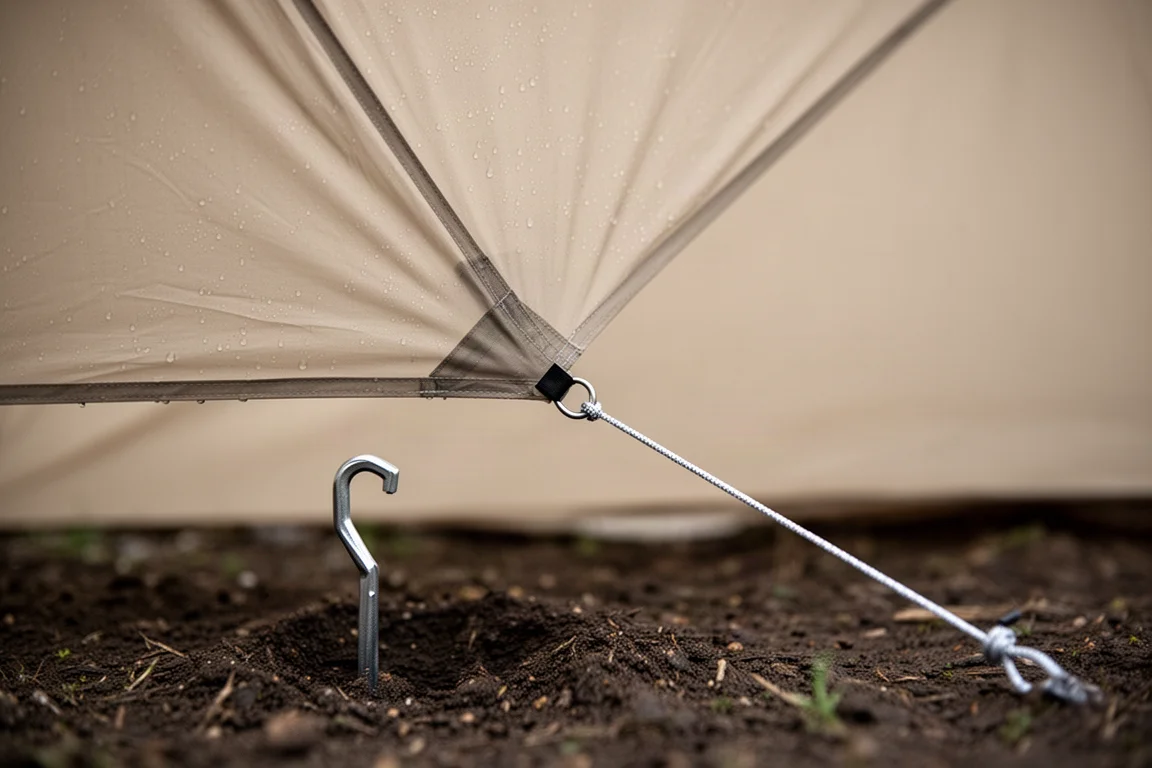 Close-up of taut rainfly fabric tensioned by guy lines and stakeout points