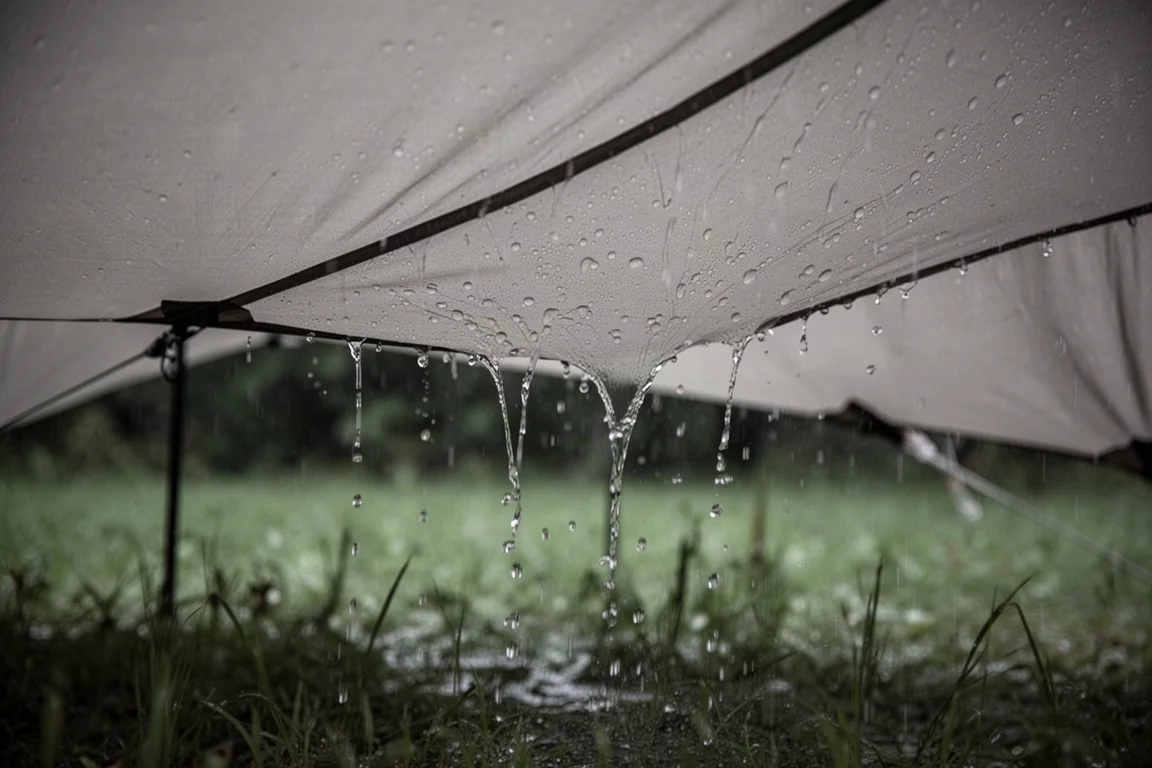 Heavy rain falling on a tent rainfly with water beading on the fabric