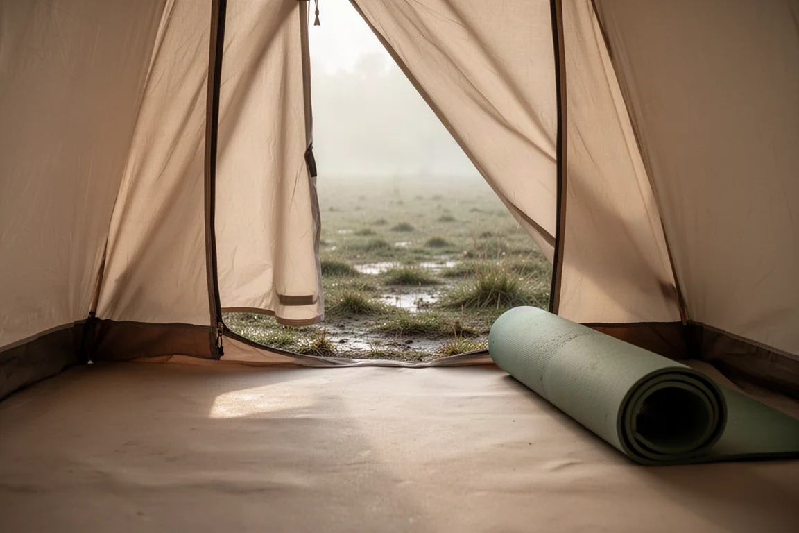 Dry tent interior at dawn with light coming through the open door