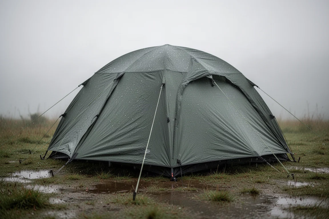 Dome camping tent with full-coverage rainfly pitched on damp grass under grey sky