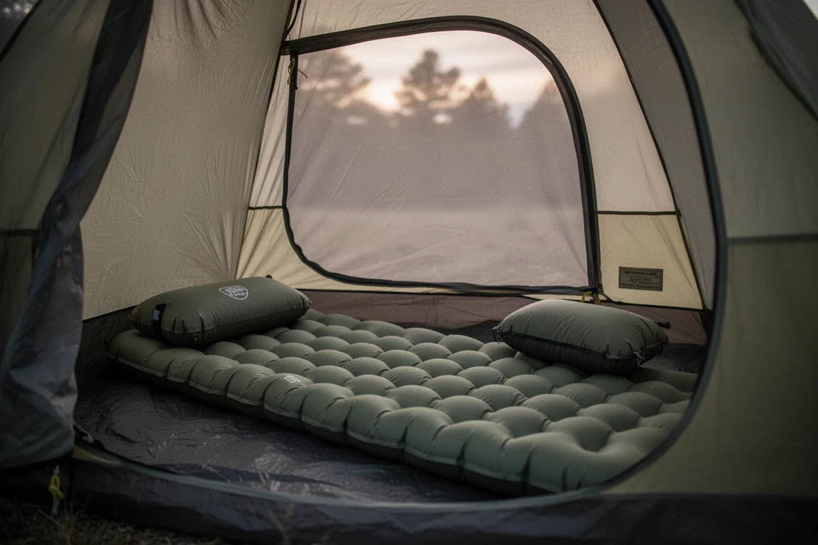 Deux matelas gonflables posés côte à côte dans une tente la nuit