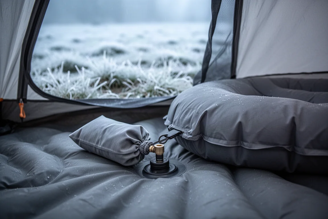 Gros plan sur une valve située sur la face supérieure d'un matelas gonflé