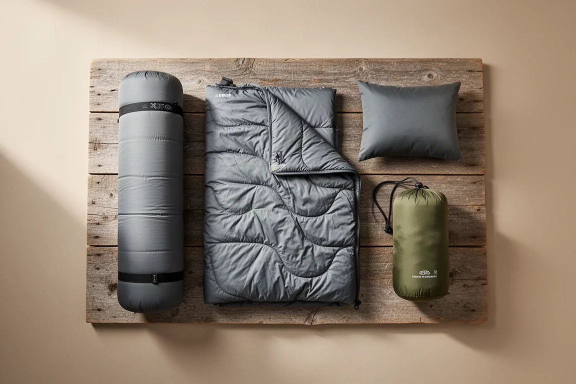 Sac à dos avec un matelas roulé attaché, posé au départ d'un sentier