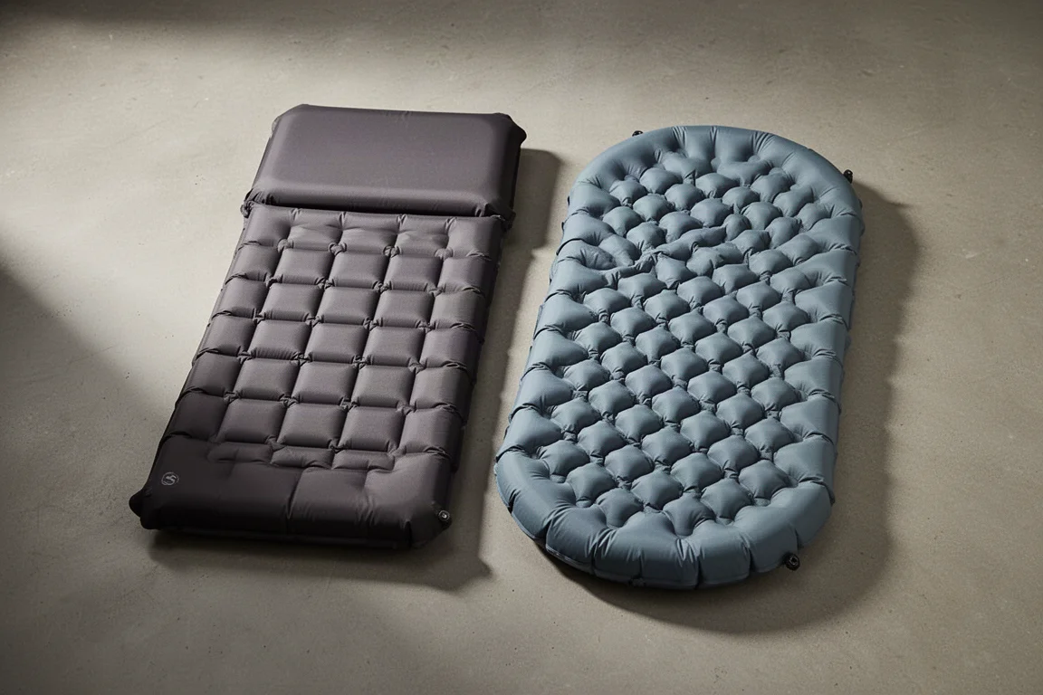 REI Helix and Zenbivy inflatable sleeping pads side by side on a concrete floor