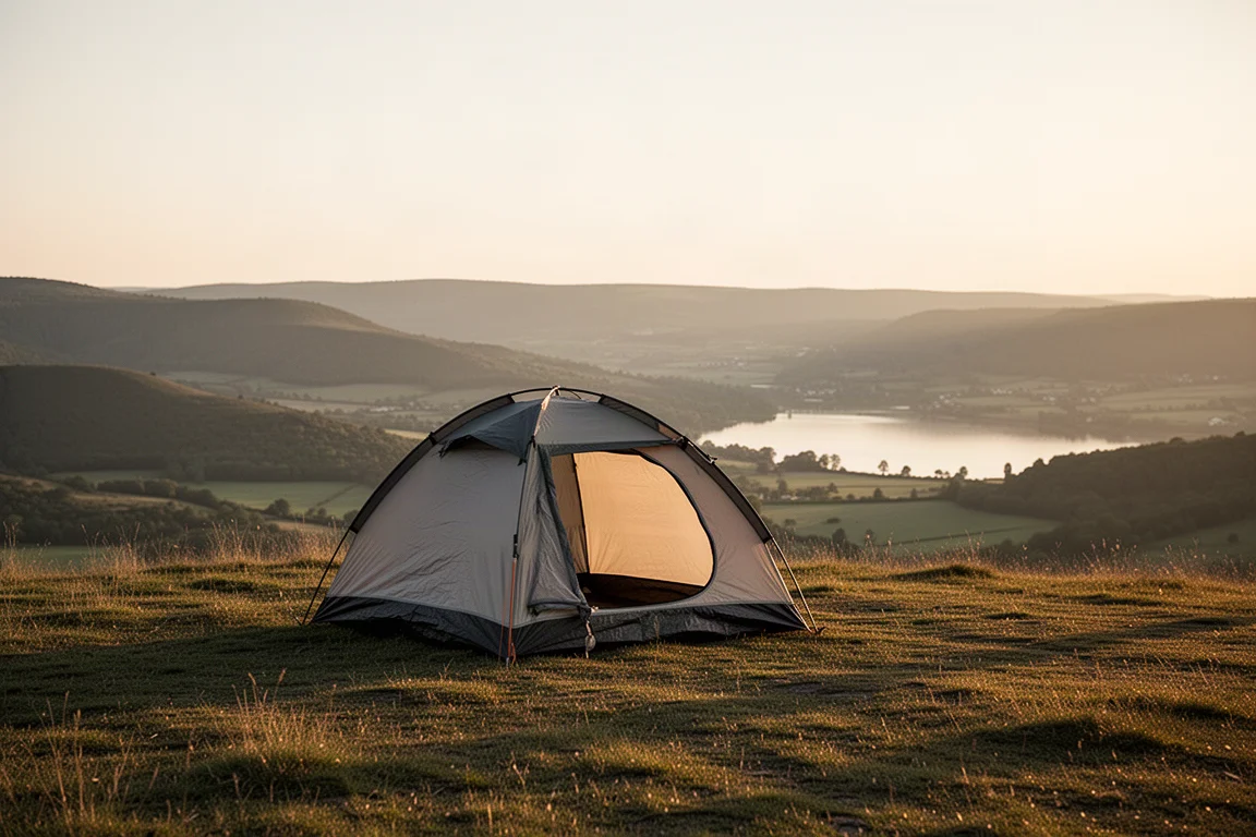 Two-person tent pitched in a forest clearing at dusk with backpacks resting outside