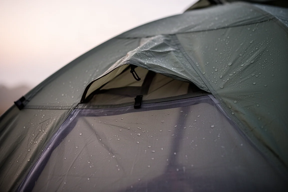 Close-up of a tent vestibule with a backpack stowed beneath the fly