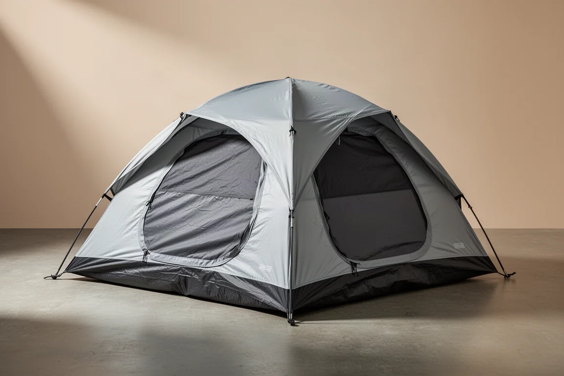 Two-person backpacking tent with grey and green fly pitched on a neutral surface